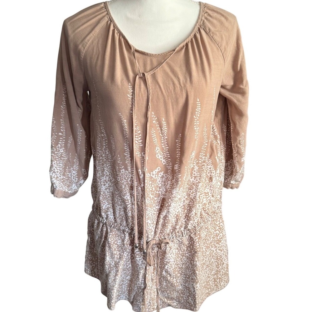 Venus Women's Tan White Print Drawstring Waist 3/4 Sleeve Top Size US 6